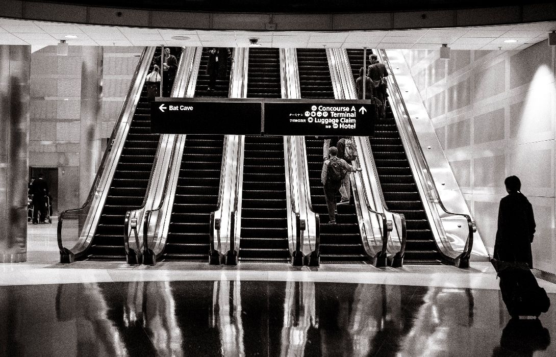 Hall with escalators going up